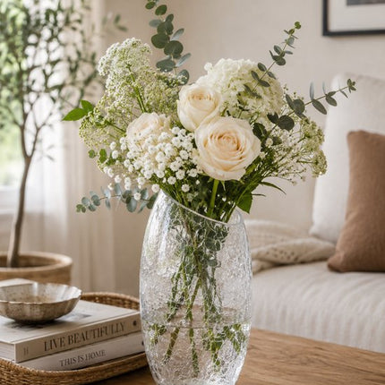 Glazen Vaas Crackle Glas - Curved Vaas - Design Vaas - Decoratieve Bloemenvaas met Craquelé Effect - Moderne Vaas voor Verse Bloemen en Droogbloemen - Ø13 x 23 cm - Transparant