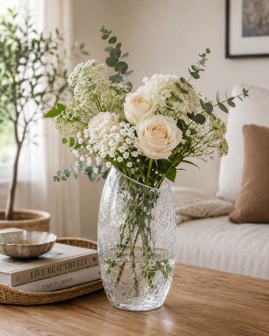 Glazen Vaas Crackle Glas - Curved Vaas - Design Vaas - Decoratieve Bloemenvaas met Craquelé Effect - Moderne Vaas voor Verse Bloemen en Droogbloemen - Ø13 x 23 cm - Transparant