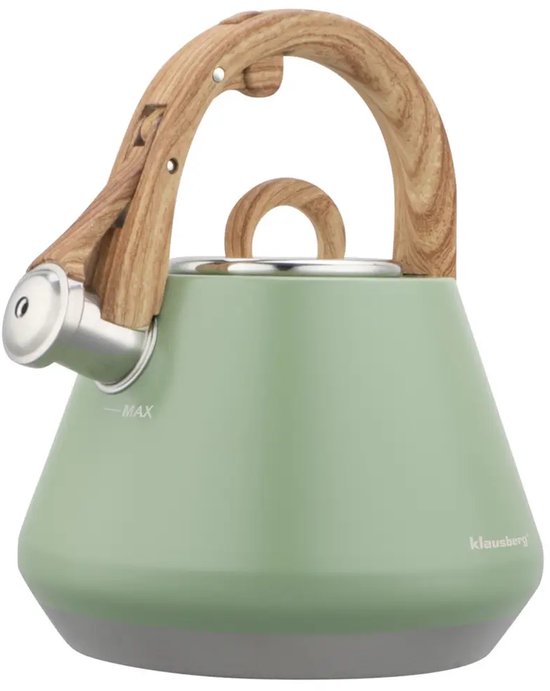 Klausberg - KB-9062 - Fluitketel - RVS Waterketel - Met Fluit - Matte Afwerking - Afneembaar Deksel - Houten Look Handgreep - Inductie - Gas - Elektrisch - Keramisch - Theeketel - Koffie - Brede Voet - 2.5L - Pastelgroen