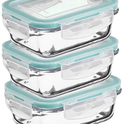 5Five Vershoudbakje met deksel - 3x - glas - luchtdicht - met clips - 17 x 11 x 6 - 540 ml