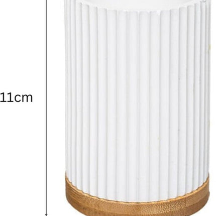 Badkameraccessoireset – Moderne Badkamer Accessoires – Zeeppomp & Tandenborstelhouder Set – Polyresin met Bamboe – Luxe Zeepdispenser & Beker – Wit