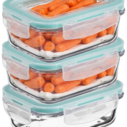 5Five Vershoudbakje met deksel - 3x - glas - luchtdicht - met clips - 17 x 11 x 6 - 540 ml