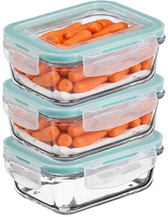 5Five Vershoudbakje met deksel - 3x - glas - luchtdicht - met clips - 17 x 11 x 6 - 540 ml