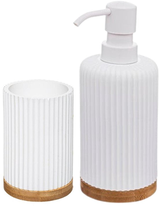 Badezimmer-Accessoires-Set – Moderne Badezimmer-Accessoires – Seifenspender & Zahnbürstenhalter-Set – Polyresin mit Bambus – Luxuriöser Seifenspender & Becher – Weiß