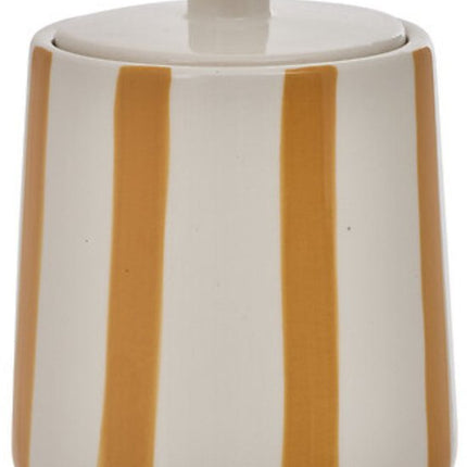 Wattenschijfjeshouder Strio Keramiek Hoog - 12.8 cm Beige – Badkamer Organizer Met Deksel - Wattenhouder - Badkamer Bakje inclusief deksel