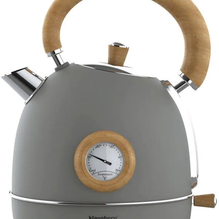 Klausberg 9009 - Retro Waterkoker - 1,8L - RVS - grijs met hout - met thermometer