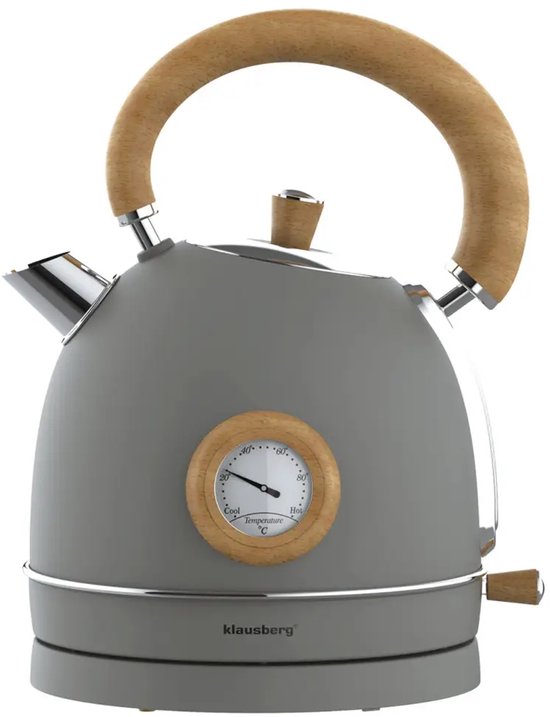 Klausberg 9009 - Retro Waterkoker - 1,8L - RVS - grijs met hout - met thermometer