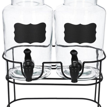 HOMLA - Allos Drankdispenser - Sapdispensers - Drankcontainer - Set van 2 - Waterdispenser met Metalen Standaard, Dubbele Kraan & met Kurkdeksel - 2 Liters - Transparant