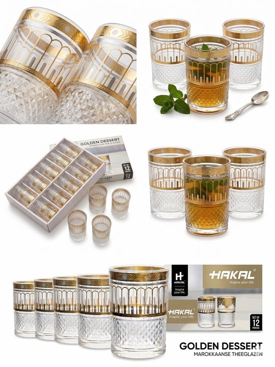 Marokkaanse Theeglazen Set - 12 Stuks - Thee Glazen - Oosterse Theeglazen met Goud Motief - voor Muntthee, Koffie en Desserts - 160 ml