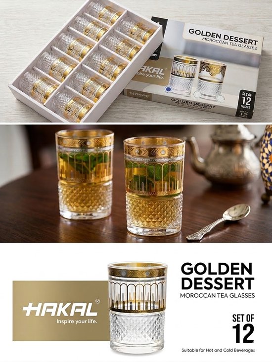 Marokkanisches Teeglas-Set - 12 Stück - Teegläser - Orientalische Teegläser mit Goldmotiv - für Minztee, Kaffee und Desserts - 160 ml
