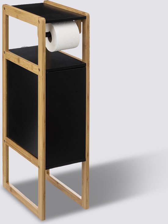 Toiletrolhouder Natureo met reserverolkastje – zwart met bamboe, 80 cm hoog – foto 7