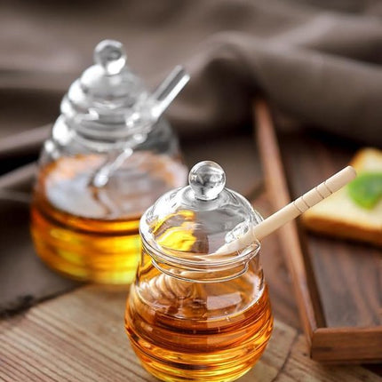 500 ml glazen honingpot met honinghouder en honinglepel, transparant glas honingglas met deksel, honingglazen voor het serveren van honing en siroop