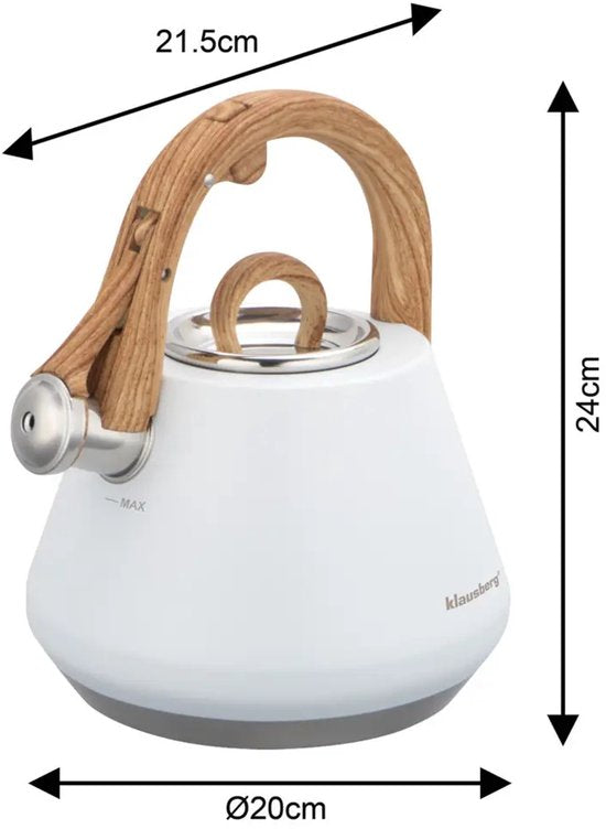 Klausberg - KB-9061 - Fluitketel 2.5 Liter - RVS Waterketel - Met Fluit - Afneembaar Deksel - Houtlook Handgreep - Inductie - Gas - Elektrisch - Keramisch - Theeketel - Koffie - Brede Voet - MAX Aanduiding - Wit