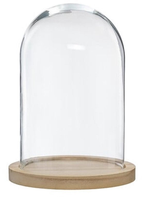 Glasglocke - Glassturz - Glaskuppel - 2er-Set - Dekorative Glocke mit Holzfuß - 18 x 25 cm - Transparent