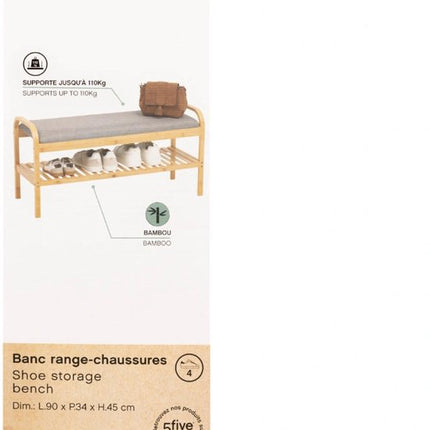 5Five Schoenenrek Bankje - 2-laags - bamboe/kunststof - 90 x 34 x 45 cm - voor 4 paar schoenen