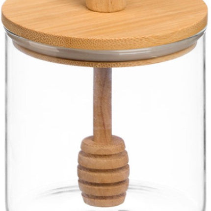 Honingpot - Glazen Honingpot - Honing Dispenser met Handvat & Bamboe Deksel - 500ml - 9 x 9 x 11 cm - Transparant & Bamboe