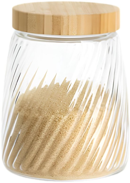 Voorraadpot Food Essentials Ventura - keuken - ribbel glas / bamboe - 1. 3 liter - luchtdichte draaideksel - bewaarpotten - opslagpotten