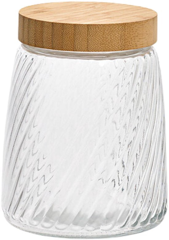 Voorraadpot Food Essentials Ventura - keuken - ribbel glas / bamboe - 1. 3 liter - luchtdichte draaideksel - bewaarpotten - opslagpotten