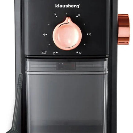 Klausberg - Koffiemolen - Elektrische Koffiemolen - Maalgraad Instelbaar - 250 g Bonenreservoir - Tot 12 Kopjes - Flat Burr Maalwerk - 150W - Zwart/Rose Gold
