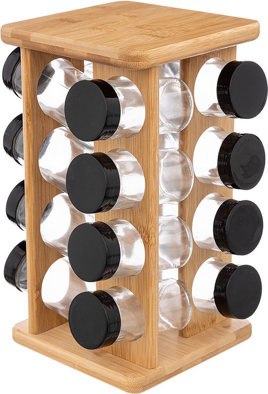 Kruidenrekje met 16 kruidenpotjes 29 cm van bamboe - Keukenkruiden potjes - Kruiden bewaren