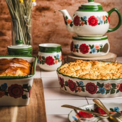 MPLCo - Bakvorm - Ovenschaal - Keramische Taartvorm - Handbeschilderde Ovenschaal - Ronde Bakvorm voor Taart, Quiche & Tarte - Oven, Magnetron & Vaatwasserbestendig - 1.5 Liter - Ø25 cm - Bloemenmotief