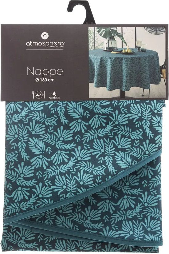 Atmosphera rond tafelkleed van polyester - Ø 180 cm - blauw met bladprint