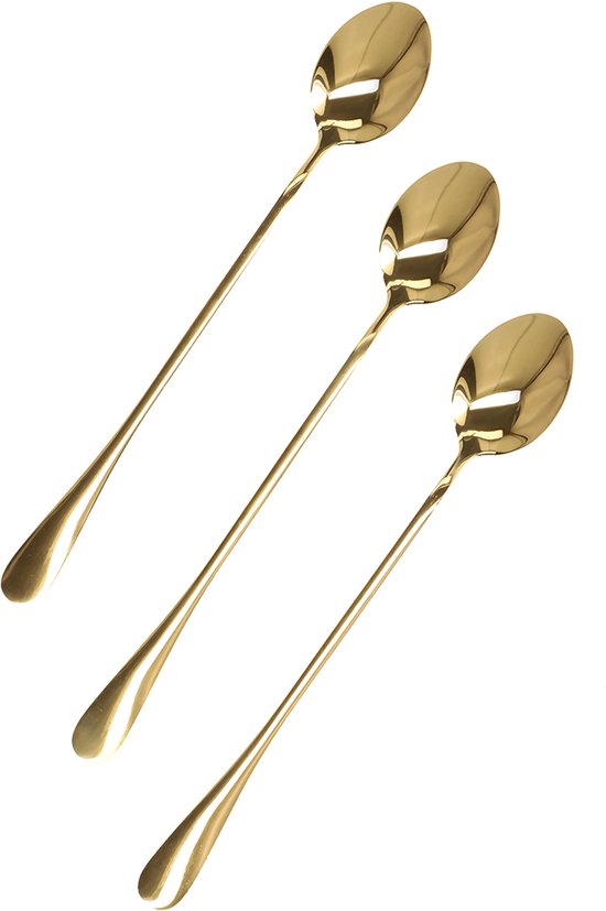 Homla - Stilo Latte Lepels Set - 3 Stuks - Lange Dessertlepels - Cocktaillepels - Koffielepels voor Latte Macchiato - IJslepels - RVS - Goud