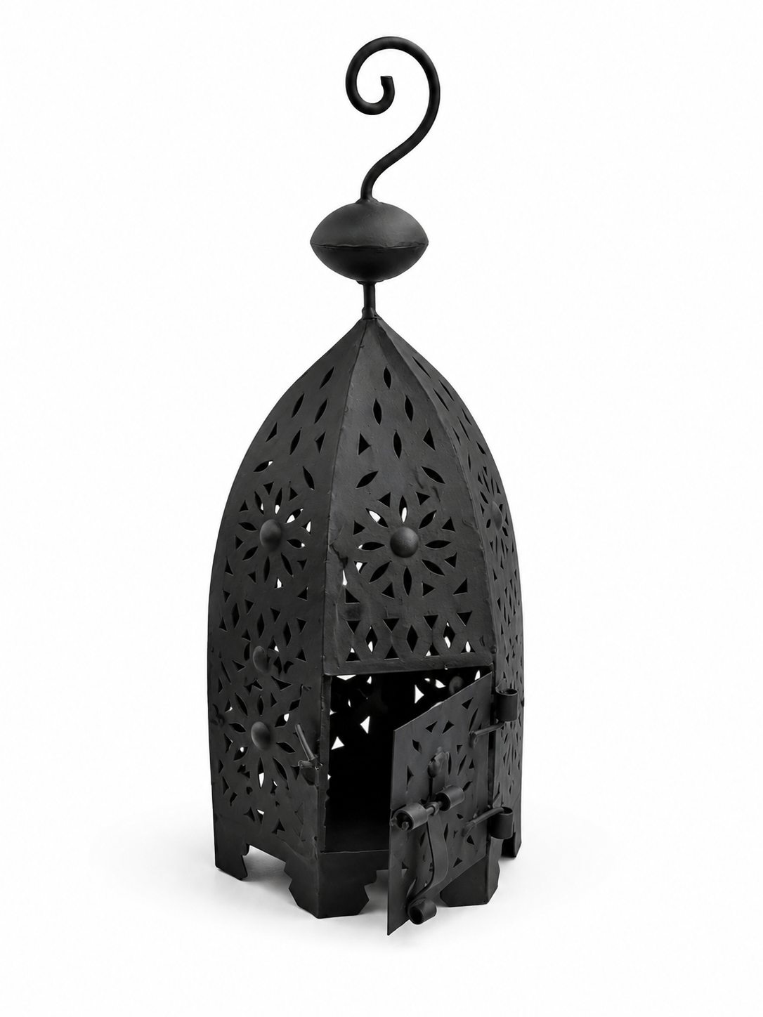 Lanterne marocaine faite à la main – Métal noir – Bougeoir hexagonal – 42 cm