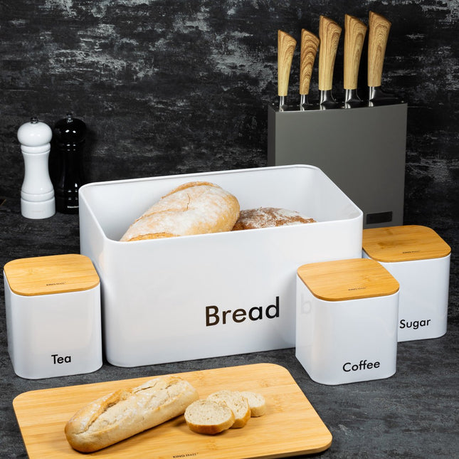 Kinghoff 1026 - Broodtrommel set - Wit - Rvs met hout - 35x23x18,5 cm