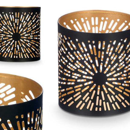 Windlicht Zwart en Goud - Geperforeerd Design (9 x 9 x 10 cm)