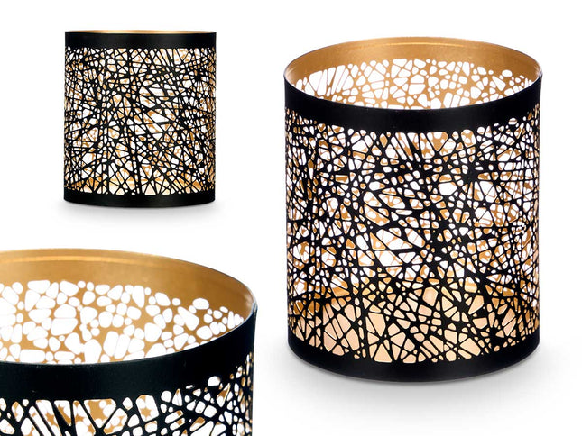 Windlicht Zwart en Goud - Abstract Design (9 x 9 x 10 cm)