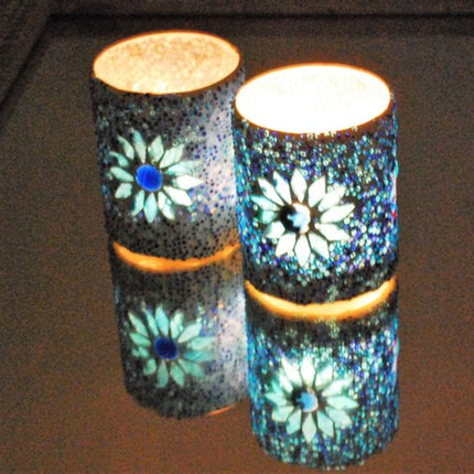 Waxinehouder cilinder - mozaïek & kralen - blauw -