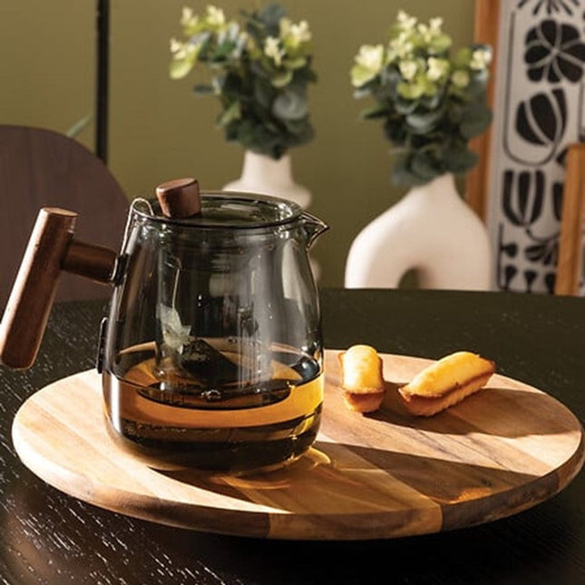 5Five Design Theepot - 800 ml - borosilicaat glas - grijs transparant - infuser/handvat hout - theekan