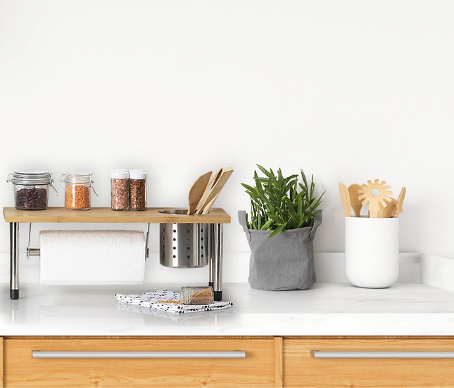 5Five keukenrek/aanrecht organizer met keukenrolhouder/keukengerei houder - 56 x 20 x 21 cm - bamboe hout/rvs