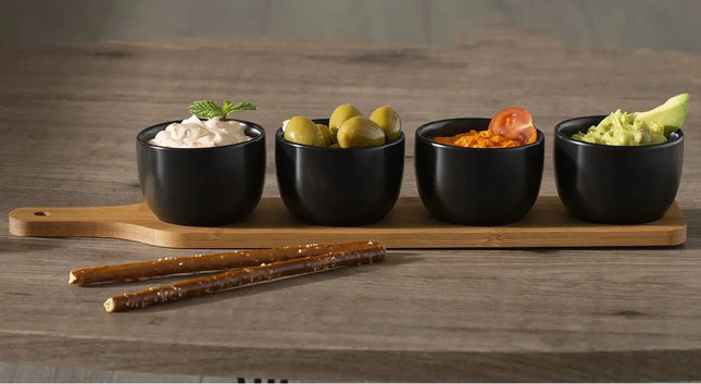 5Five Serveerplank/borrelplank hapjes/saus/tapas - aardewerk - zwart - incl. 4x schaaltjes