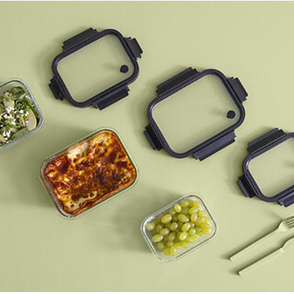 5Five Vershoudbakje met deksel - 2x - glas - luchtdicht - met clips - 19 x 14 x 7 cm - 500 ml - zwart/transparant