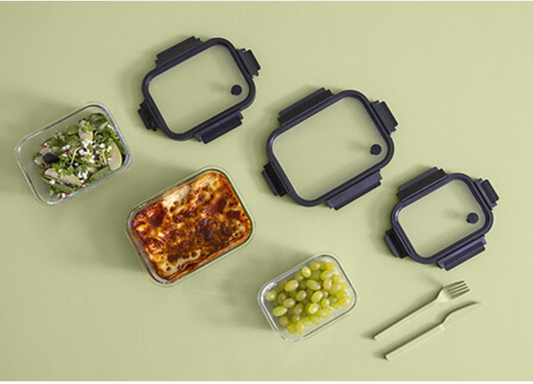 5Five Boîte de conservation avec couvercle - 2x - verre - hermétique - avec clips - 19 x 14 x 7 cm - 500 ml - noir / transparent