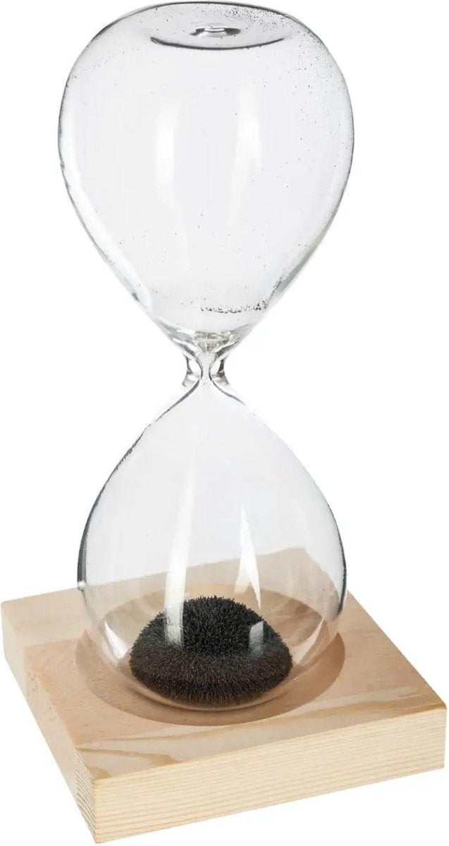 Atmosphera zandloper van glas en hout – 1 minuut, zwart zand, 15 cm hoog