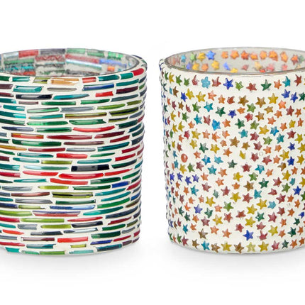 Set van 2 Windlichten - Strepen en Sterrenmotief (8 x 8 x 9,5 cm)