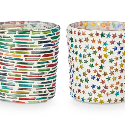 Set van 2 kleine Windlichten - Strepen- en Sterrenmotief (7 x 7 x 7,25 cm)