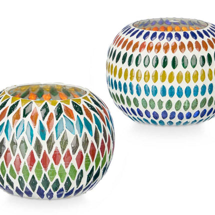 Set van 2 Ovale Windlichten - Kleurrijke Ruitmotieven (12,5 x 12,5 x 8 cm)