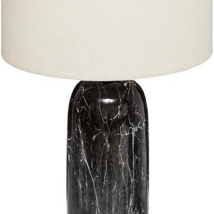 Tafellamp zwart marmereffect met hoge voet | hoogte 48 cm| cilinderlamp een met witte katoenen kap