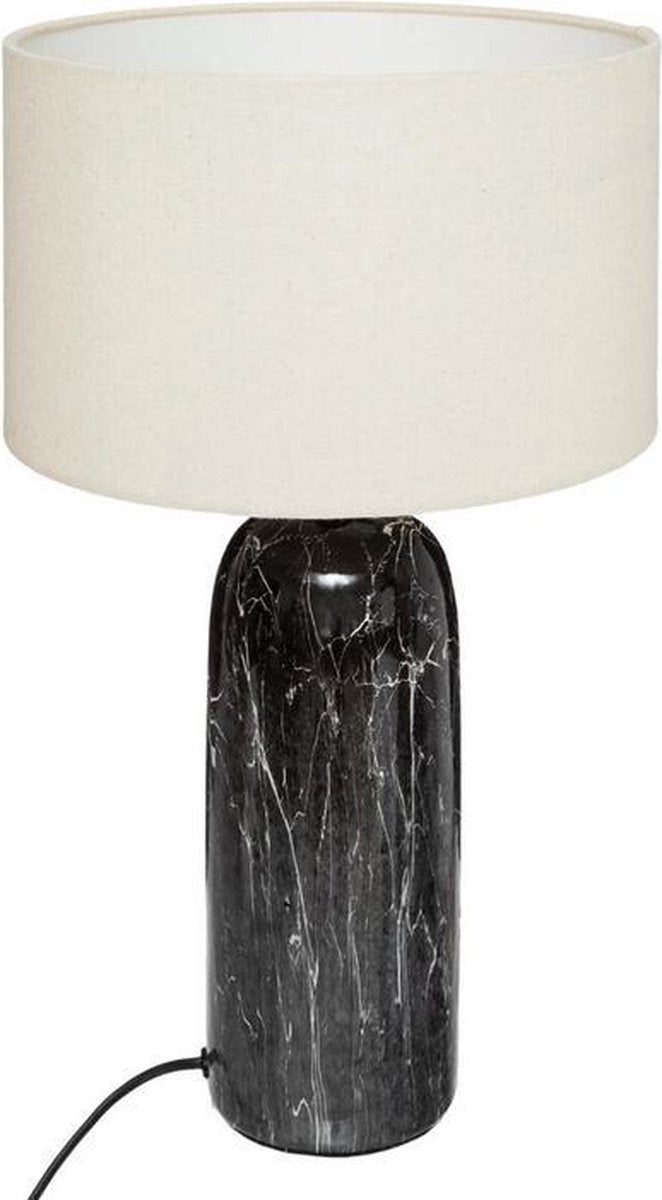 Table lamp black marble effect with high base | height 48 cm | cylinder lamp with a white cotton shade