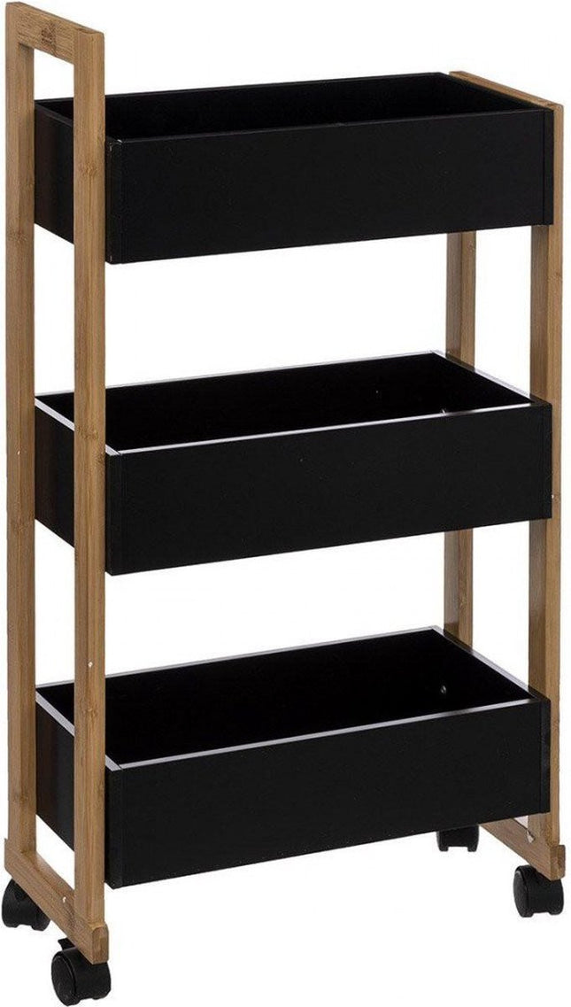 Trolley, drie opbergdozen - hout / zwart