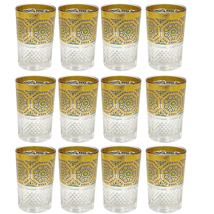 Marokkaanse Theeglazen – Set van 12 stuks | Goud & Kleurrijk Mozaïekdesign | 160ml