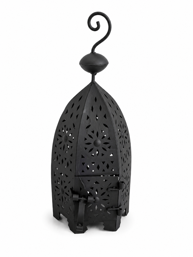 Handgemaakte Marokkaanse Lantaarn – Zwart Metaal – Zeshoekige Kaarshouder – 42 cm