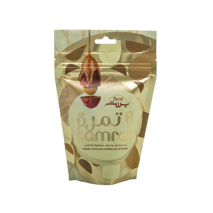 Dadels met karamel, chocolade en amandel