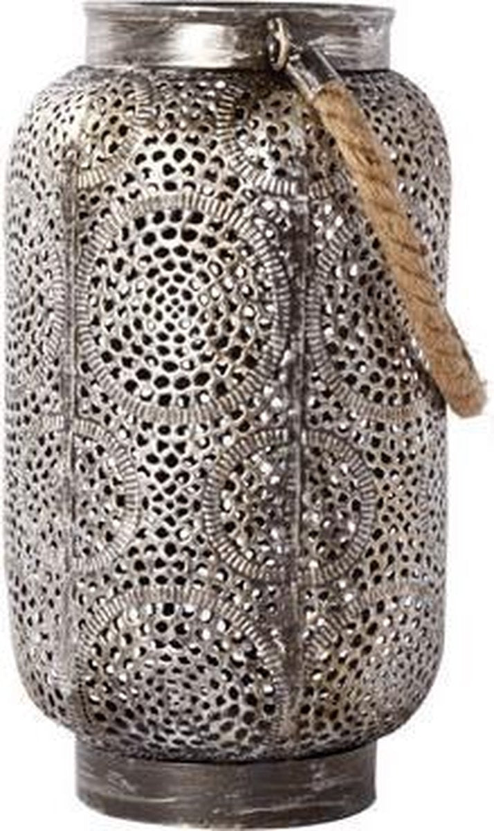 Ethnic Candle Lantern - Indoor and Outdoor - Hurricane Lamp - Table Lamp - Silver Metal - 26cm