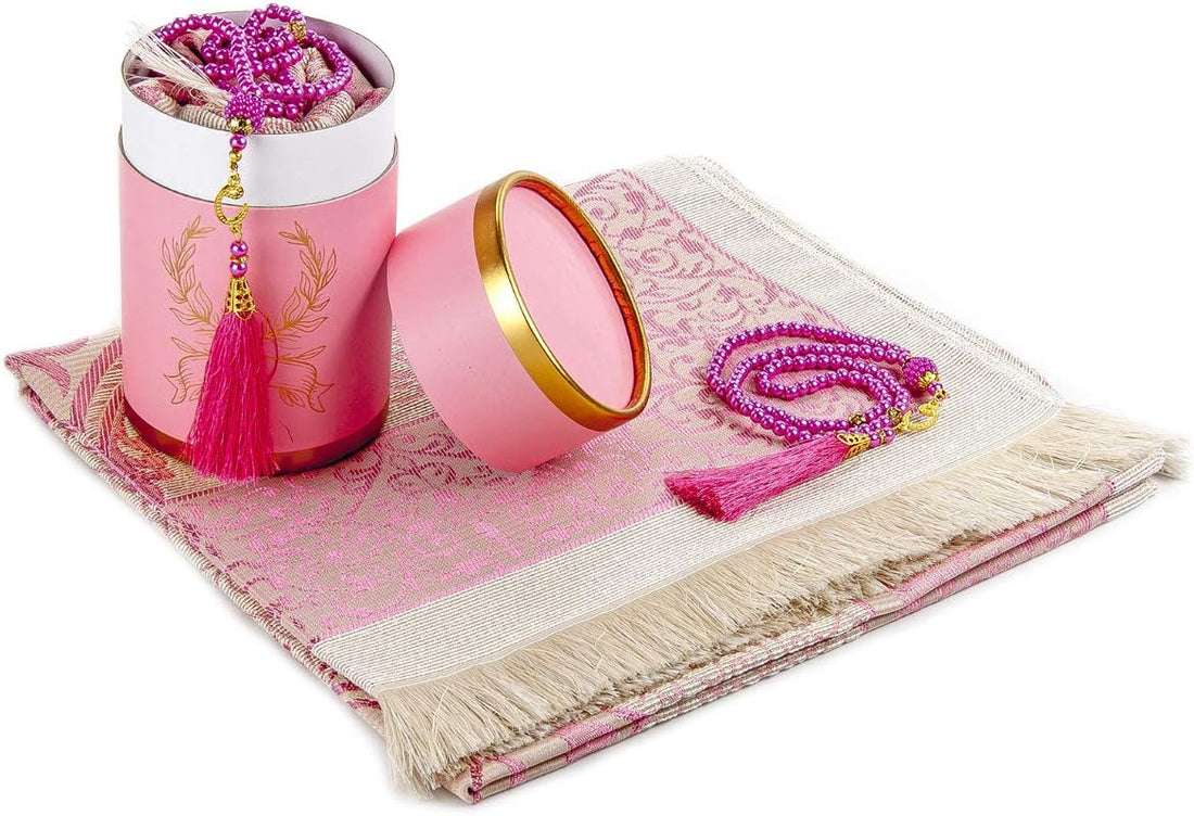 Geschenkset gebedskleed met tasbeeh – in ronde cadeaubox met gouden rand – foto 3