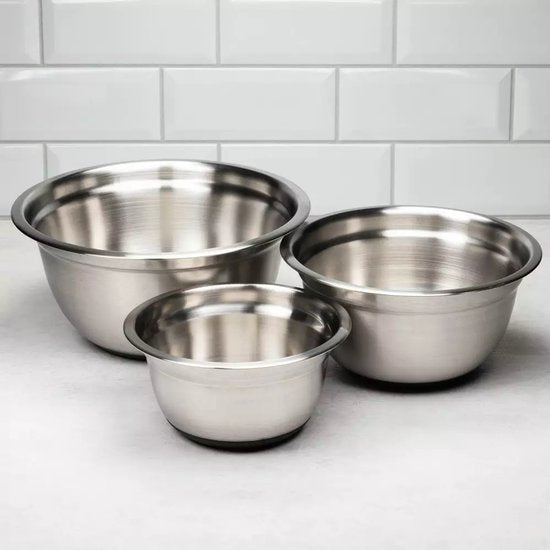 Klausberg KB7388 Stainless Steel Mixing Bowl Set - 3-piece (1.6L, 3L & 5L) - Non-slip Silicone Base - Stackable - Modern Satin Finish